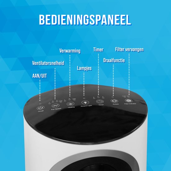 Bovenzijde van een witte luchtreiniger met een zwart bedieningspaneel met iconen voor aan/uit, ventilatorsnelheid, verwarming, sfeerverlichting, timer en filterindicatie.