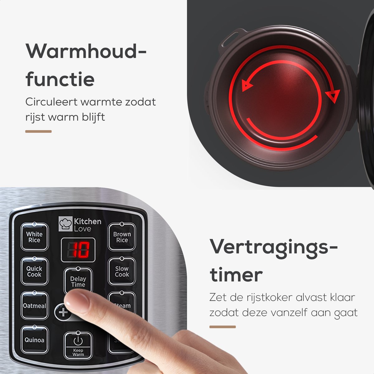 Rijstkoker met Stomer - 0.8L - Multicooker - Rice Cooker - Slowcooker - 1 tot 3 Personen - Zwart RVS - KitchenLove – foto 4