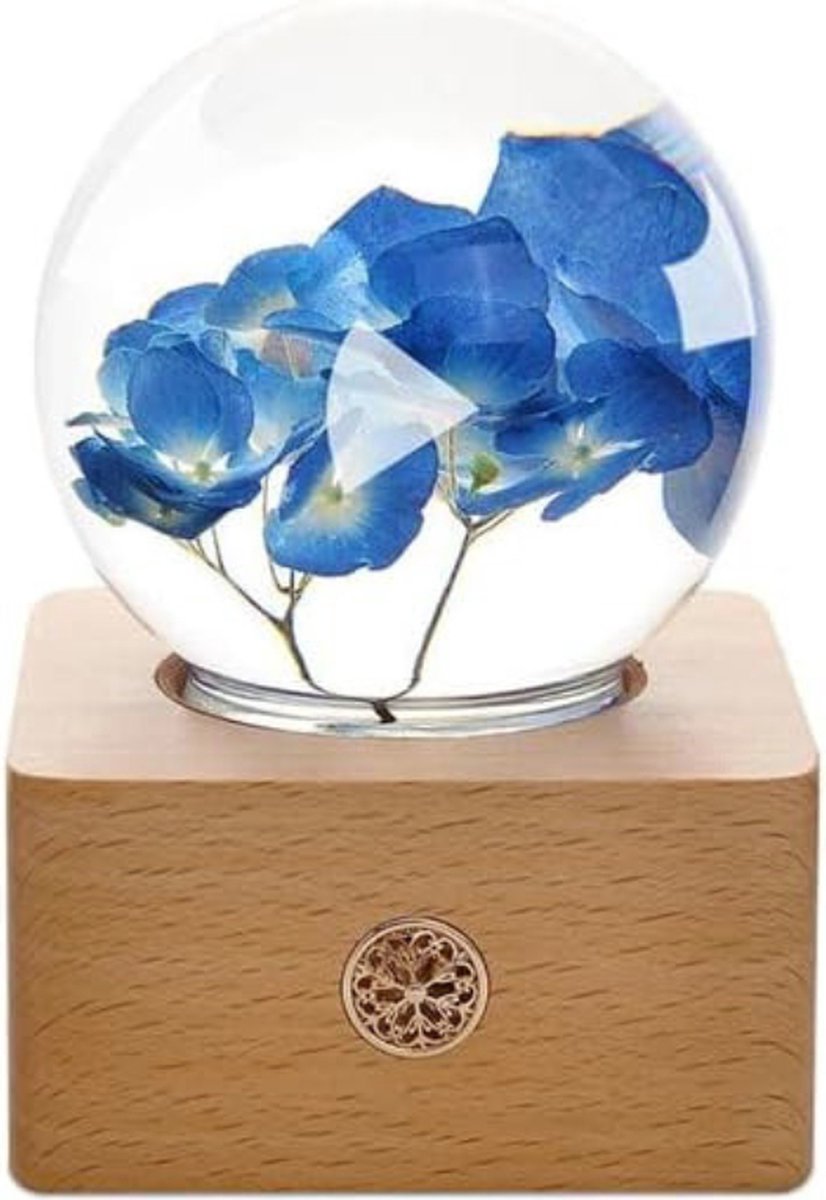 Echte Hortensia In Hars Lamp - Romantisch Nachtlampje Op Massief Beukenhouten Basis - Perfect Kerstcadeau Of Valentijnscadeau Voor Vrouw - Vriendin - Echtgenoot Of Vriend