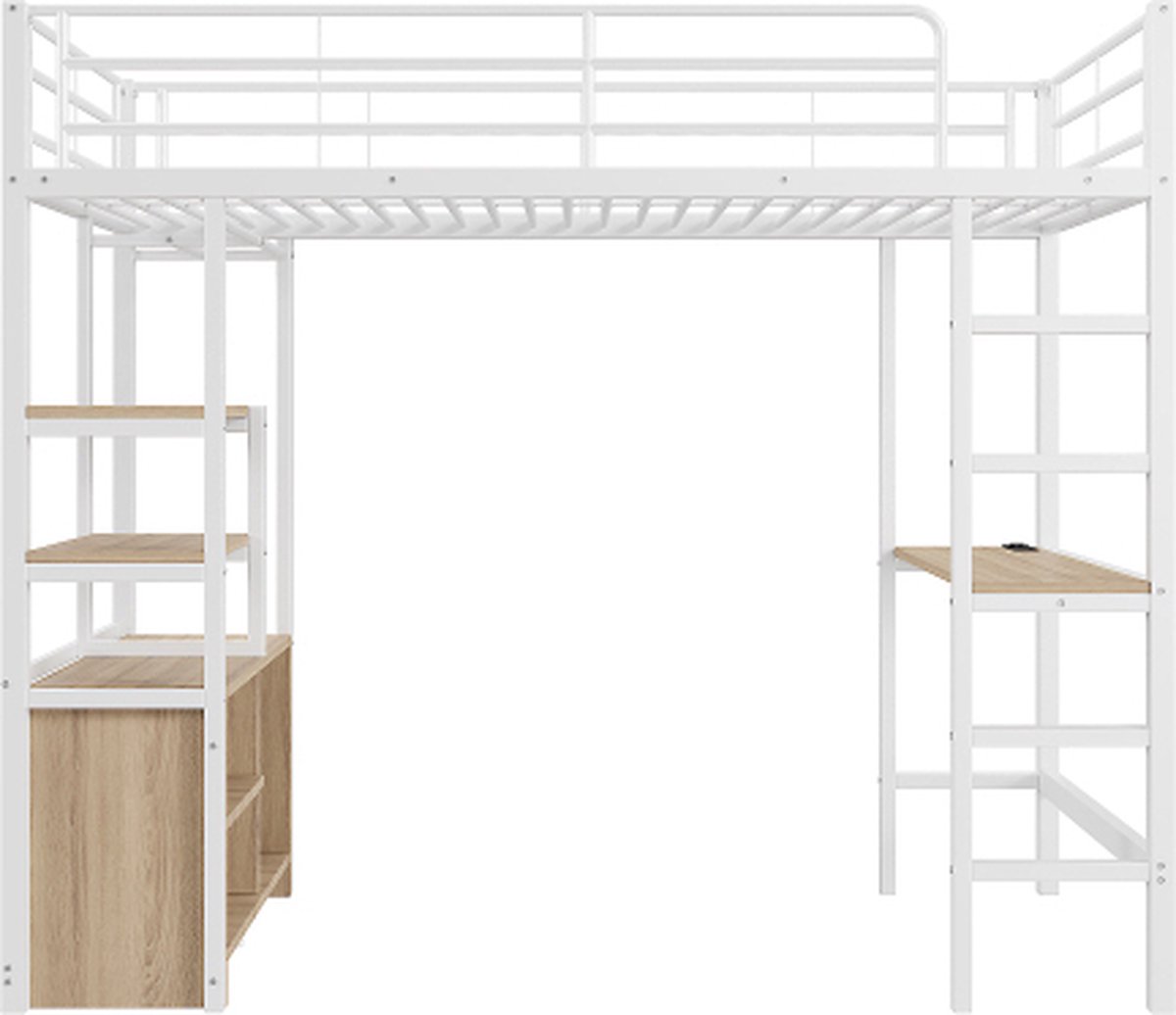 Gotagee Hoogslaper met bureau USB Meerdere planken ijzeren frame 90x200cm met open opbergkast jeugdbed volwassenbed metalen bed kinderbed