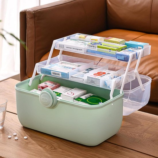 Plastic Medicijndoos, EHBO-doos, Plastic Medicijnkast Opbergdoos met Compartimenten, 3-laags EHBO-doosorganisator, Transparant Afsluitbaar Deksel, Medicijndoos(Groente