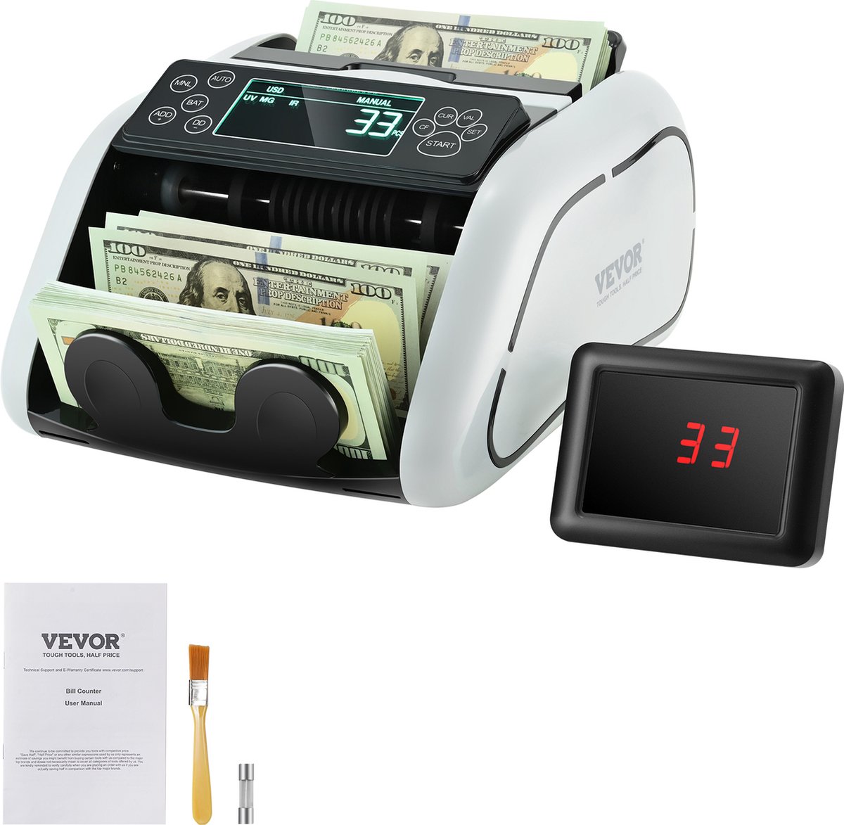 VEVOR Geldtelmachine, Bankbiljettenteller met UV-, MG-, IR- en DD-Valsgelddetectie, USD- en EUR-Geldtelmachine met Groot LCD- en Extern Display voor Kleine Bedrijven
