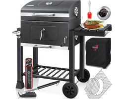 KESSER® Houtskoolbarbecue XL Barbeque Houtskool met Deksel, Wielen, Afdekkap, Roestvrij Stalen Handvat, Barbecuerooster en Thermometer, 8 Spiesen met Zakje & siliconen Borstel, grote BBQ Camping Terras Tuin