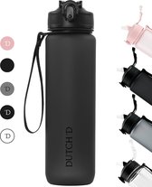 Dutch'D - 1L - Bouteille d'eau - Zwart - Tritan - Sans BPA - Paille - design épuré