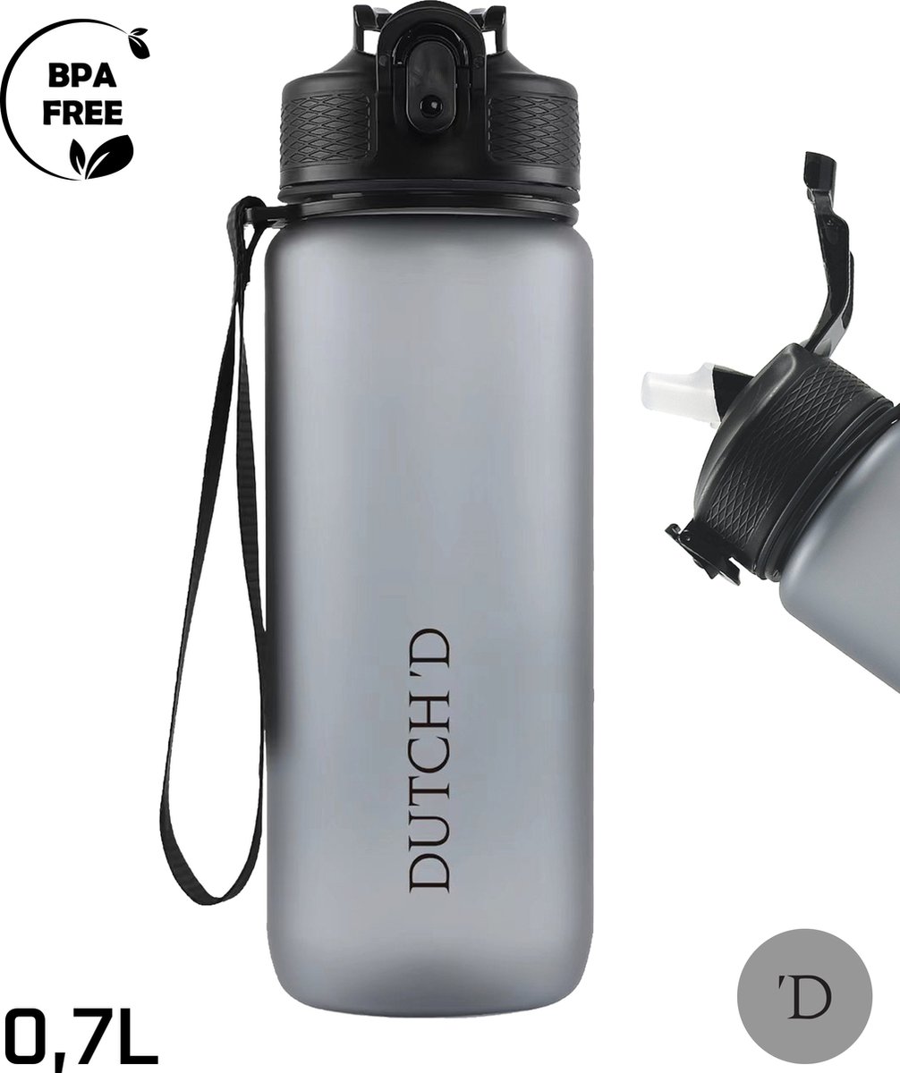 Dutch'D ® - Drinkfles - Drinkfles met rietje - Waterfles - Grijs - Drinkfles Volwassenen - Lek Vrij - Cadeau voor haar/hem - Verschillende Drinkflessen en waterflessen - Drinkbeker - Sportfles - Drinkbus - 700 ML