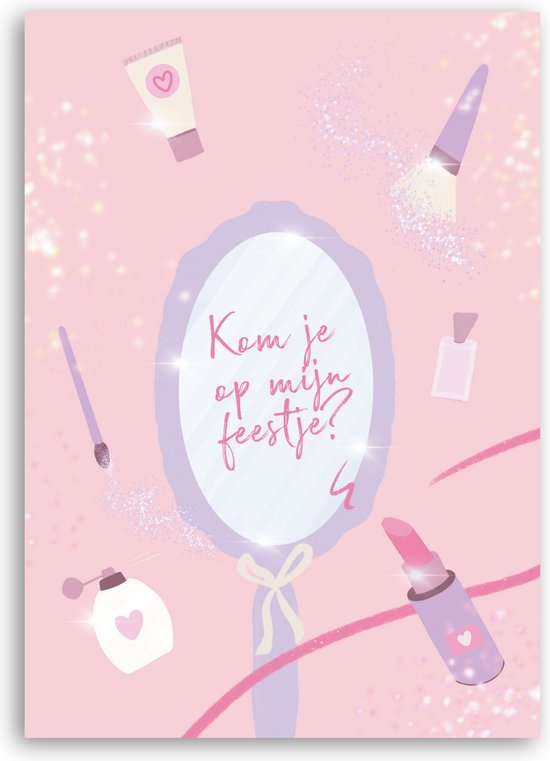 Carte d'invitation avec maquillage et paillettes. Texte : Viens-tu à ma fête ?