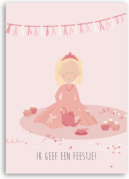 Carte d'invitation avec une princesse et des cupcakes, avec le texte 'JE FAIS UNE FÊTE!'. La carte a un fond rose et des guirlandes en haut.