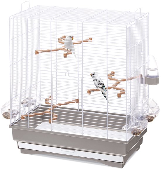 Vogelkooi Imac Carlotta Taupe/Wit 50x30x56 cm met schuiflade, zitstokken, voer- en drinkbakken voor kleine vogels