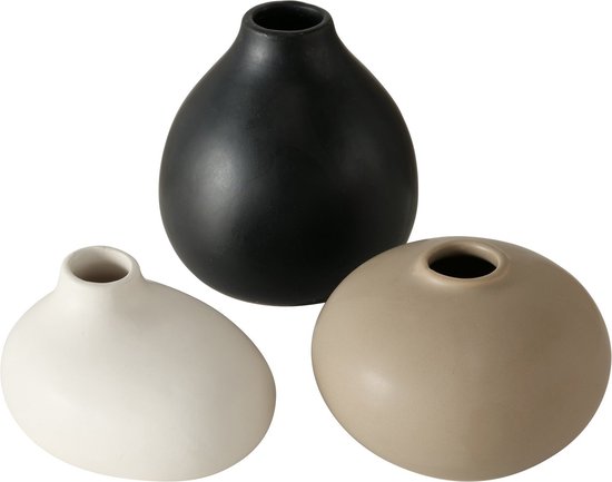 Set van 3 keramieken vaasjes in verschillende vormen zwart - wit - beige