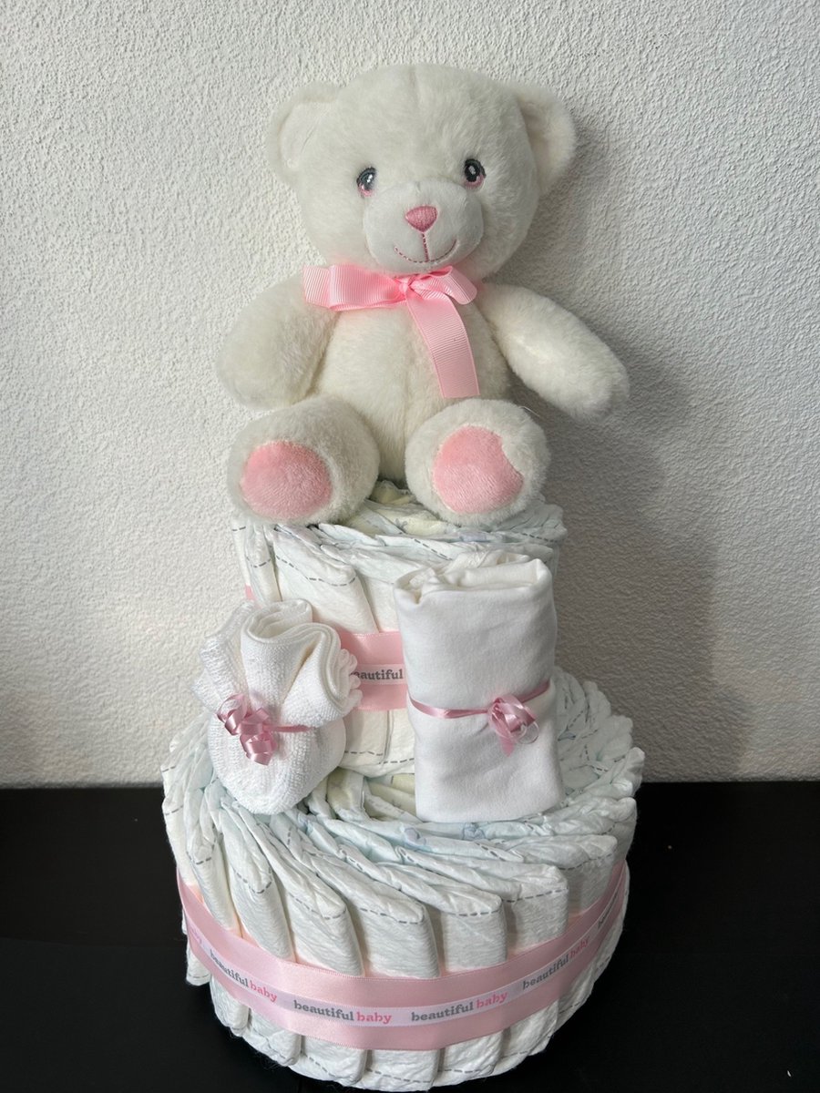 Image of 2-Laags Luiertaart Beer wit/Roze KeelToys Roze