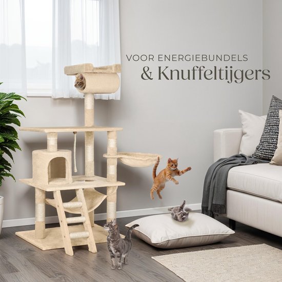 tectake® Kattenkrabpaal - Kattenpaal XXL - Krabpaal plafondhoog, in hoogte verstelbaar van 243-260cm - Klimboom met trap, huisjes, buis, ligmandjes en sisalzuilen - Div. kleuren - Grijs/wit