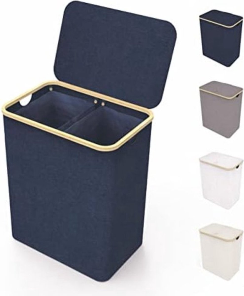 Goedkoopste Wasmand 2 vakken wassorteerder - Wasmand 2 vakken met deksel - Wasmand met deksel - Wasverdeler - XXL waszak - 150 l - 57 x 37 x 71 cm - Blauw