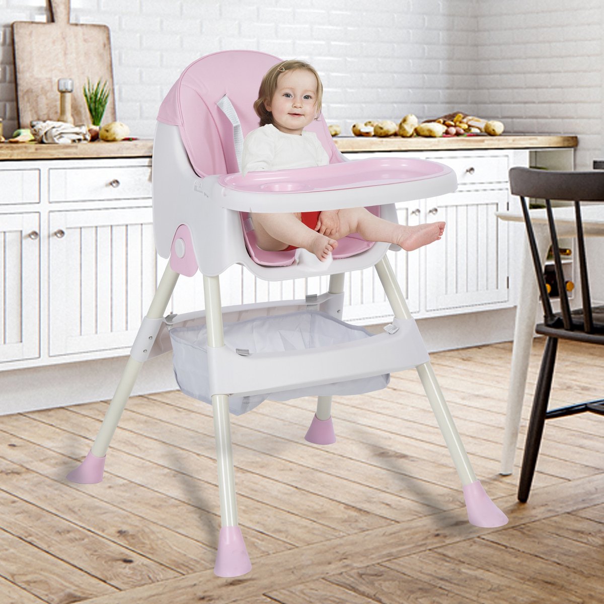 OFMOTRA Kinderstoel 3 in 1 - Inklapbare Eetstoel - Kinderzetel - met opbergmand - Verstelbaar Baby Stoel - Peuterstoel - 5-punts Gordel - Uitneembaar lederen kussen - Meegroei Stoel - Roze – foto 7