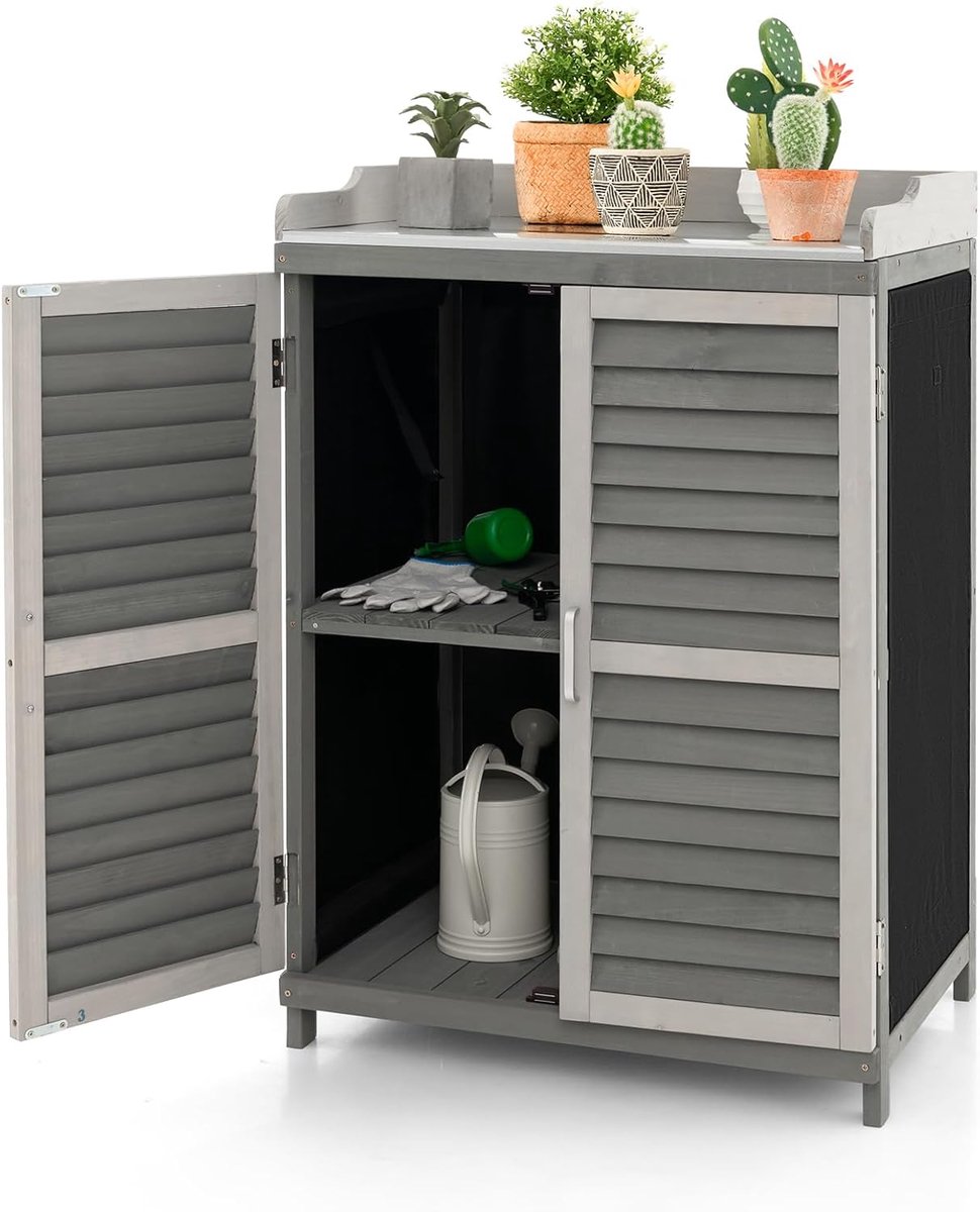 COSTWAY Houten tuinkast, opbergkast voor in de tuin, houten kast met metalen plaat en 2 opbergrekken en oprolbare deuren, gereedschapskast, gereedschapsschuur, schuur, kast, terras, achtertuin, grijs