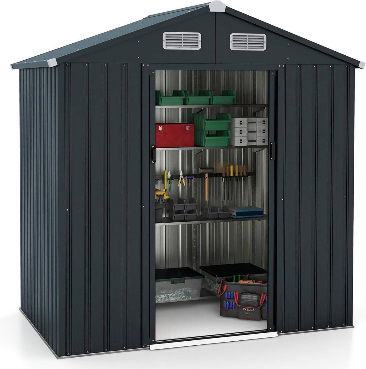 COSTWAY Tuinhuis van metaal, 182 x 129 x 197 cm, 3,25 m³, gereedschapsschuur met schuin dak en 2 schuifdeuren, afsluitbaar, tuinhuisje, tuinschuur, outdoor, donkergrijs