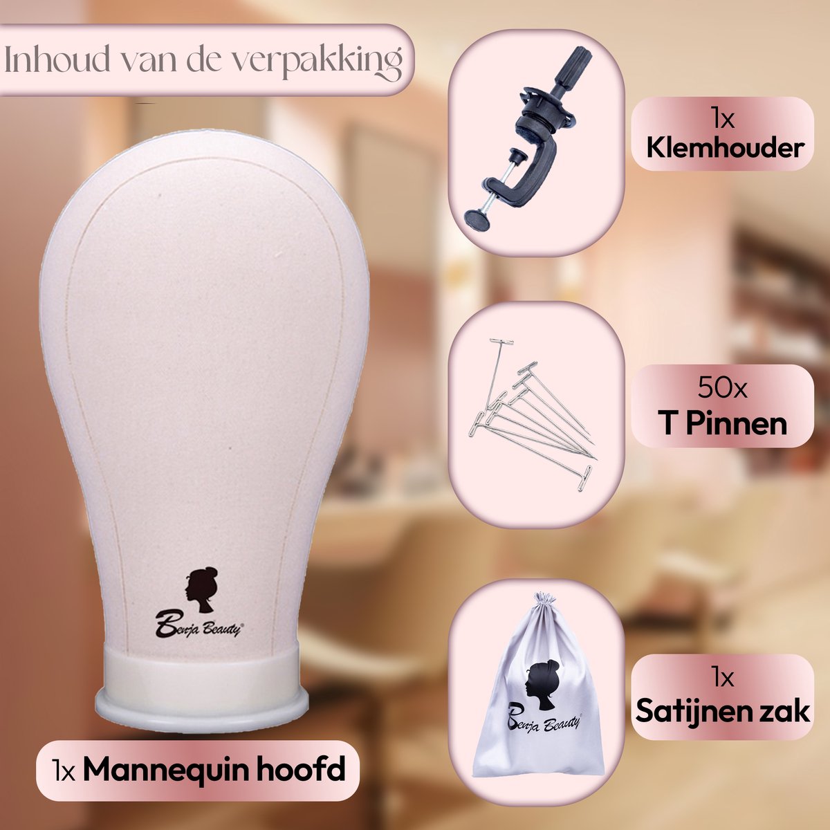 BenjaBeauty Oefenhoofd - Mannequin hoofd - Kappershoofd - Pruikenstandaard - Pruiken dames - Pruik - Satijn - 24 inch — afbeelding 5