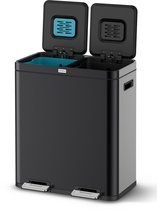 Prullenbak Deleca à 2 compartiments - 60 litres (2x30) - Tri des déchets - Avec contrôle des odeurs FreshAura - Fermeture lente Duo - Acier inoxydable Zwart