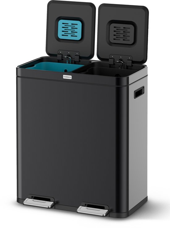 Prullenbak Deleca à 2 compartiments - 60 litres (2x30) - Tri des déchets - Avec contrôle des odeurs FreshAura - Fermeture lente Duo - Acier inoxydable Zwart