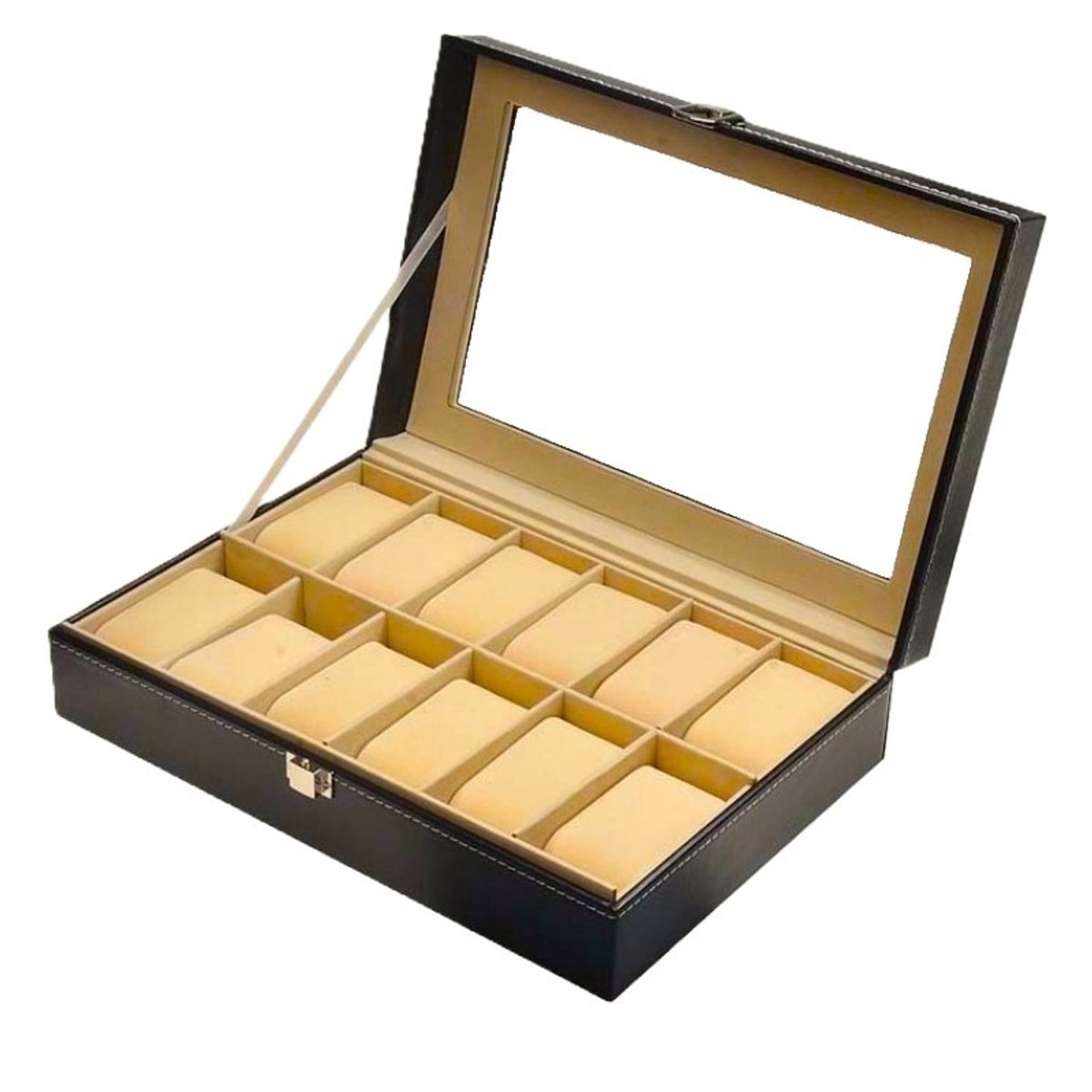 Ceruzo Horlogebox - 12 Horlogevakken kussentjes - Zwart - Unisex- Luxe Opbergdoos - 30 x20 x 8 cm