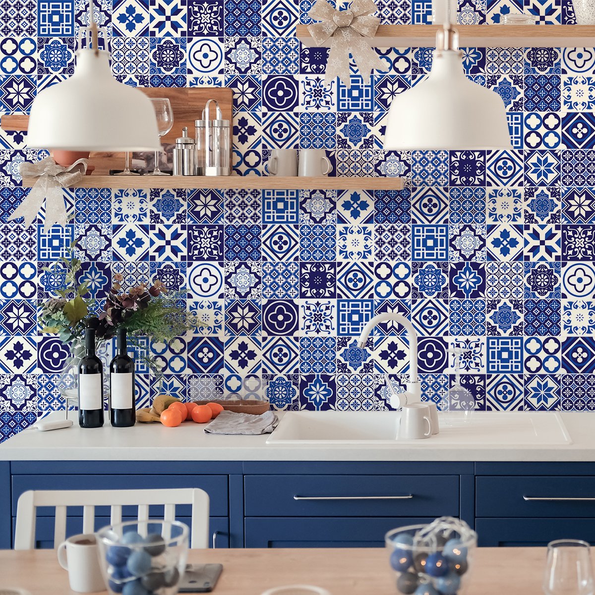 Ambiance Sticker Zelfklevende tegelmuurstickers voor keuken en badkamer - 60 SATIO cementtegelstickers - 60 stickers 10x10cm Multi color