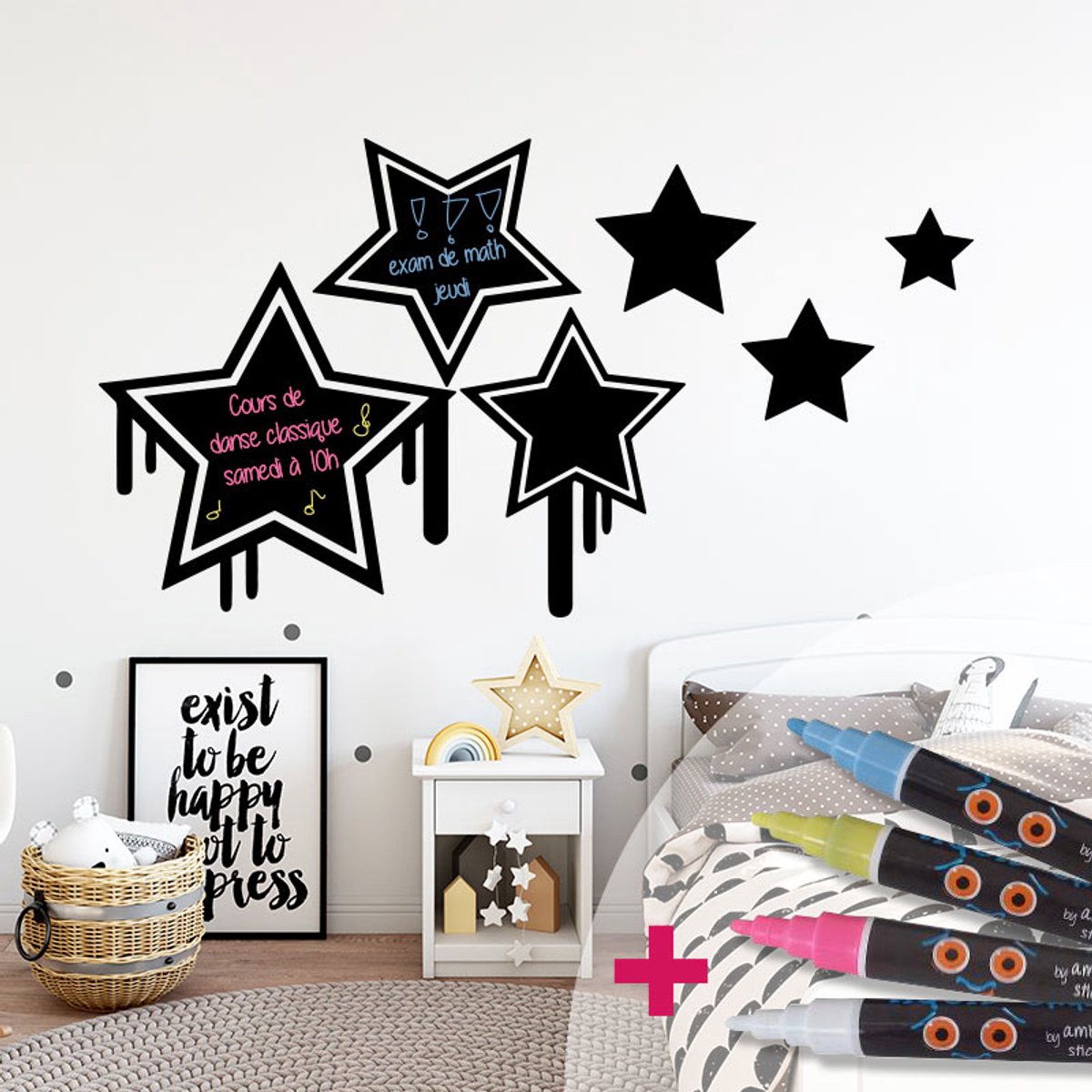 Ambiance Sticker Schoolbordsticker - uitwisbare zelfklevende muurstickers - graffiti sterren + 4 vloeibare krijtjes - 95x115cm Multi color