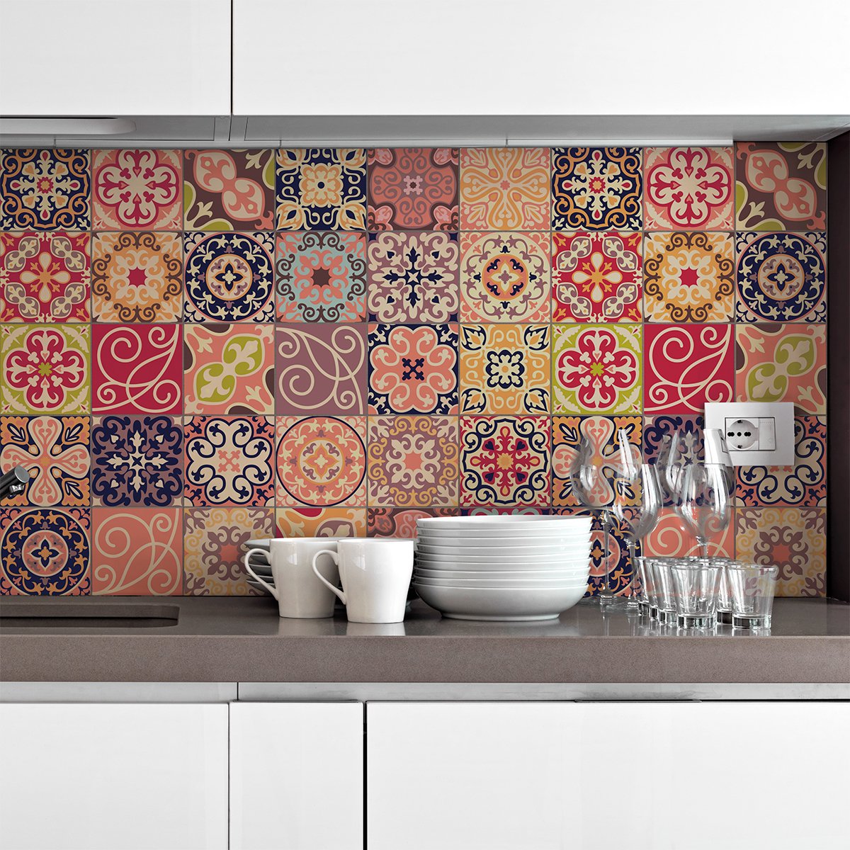 Ambiance Sticker Zelfklevende tegelmuurstickers voor keuken en badkamer - 30 cementtegelstickers - La Valette - 30 stickers 15x15cm Multi color
