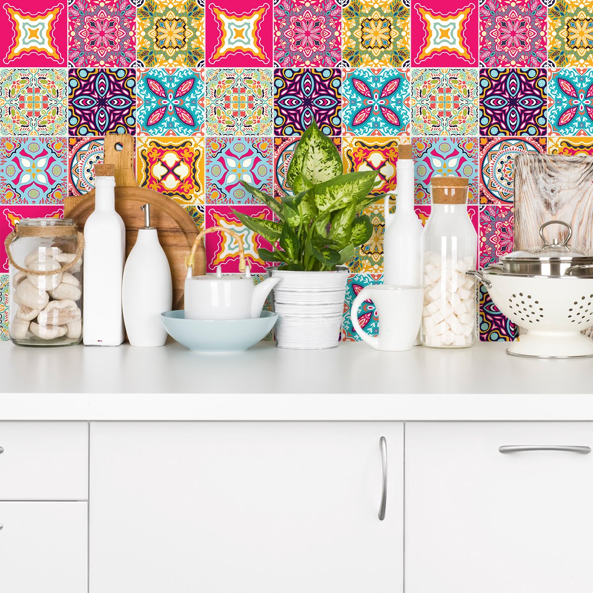 Ambiance Sticker Zelfklevende tegelmuurstickers voor keuken en badkamer - 9 cementtegelstickers, Azulejos-stijl, Alida - 9 stickers, 20x20 cm Multi color