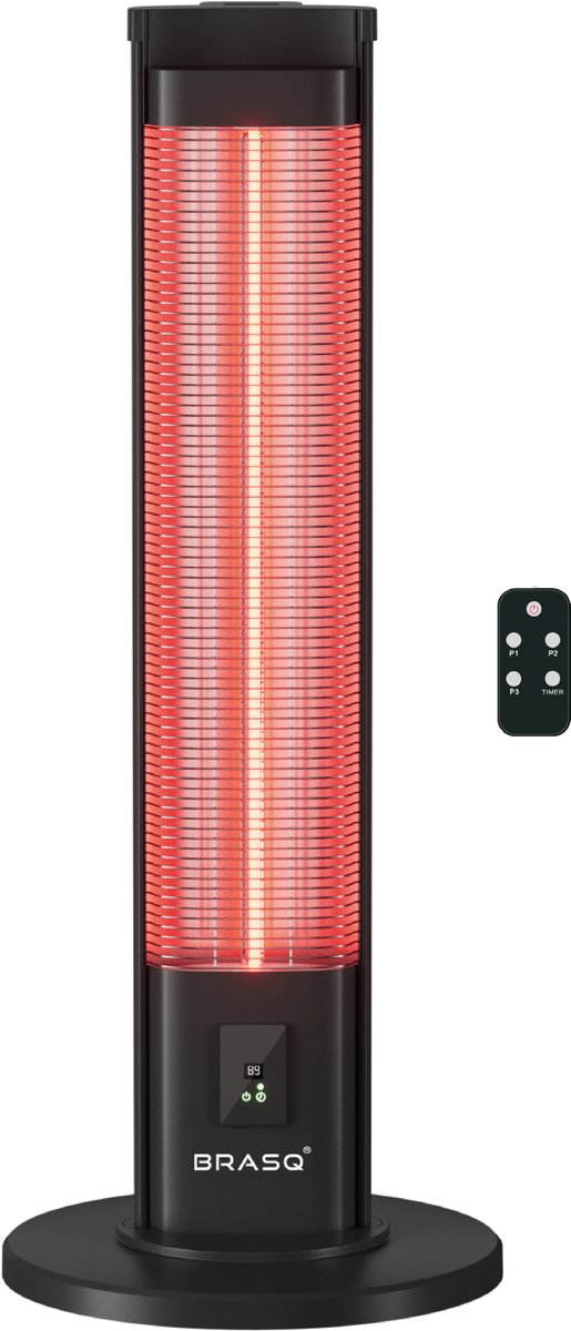 BRASQ Elektrische Terrasverwarmer staand – 2000 watt - 3 warmtestanden – met Afstandsbediening en timer – Infrarood heater – spatwaterdicht – verwarming voor binnen en buiten – Zwart