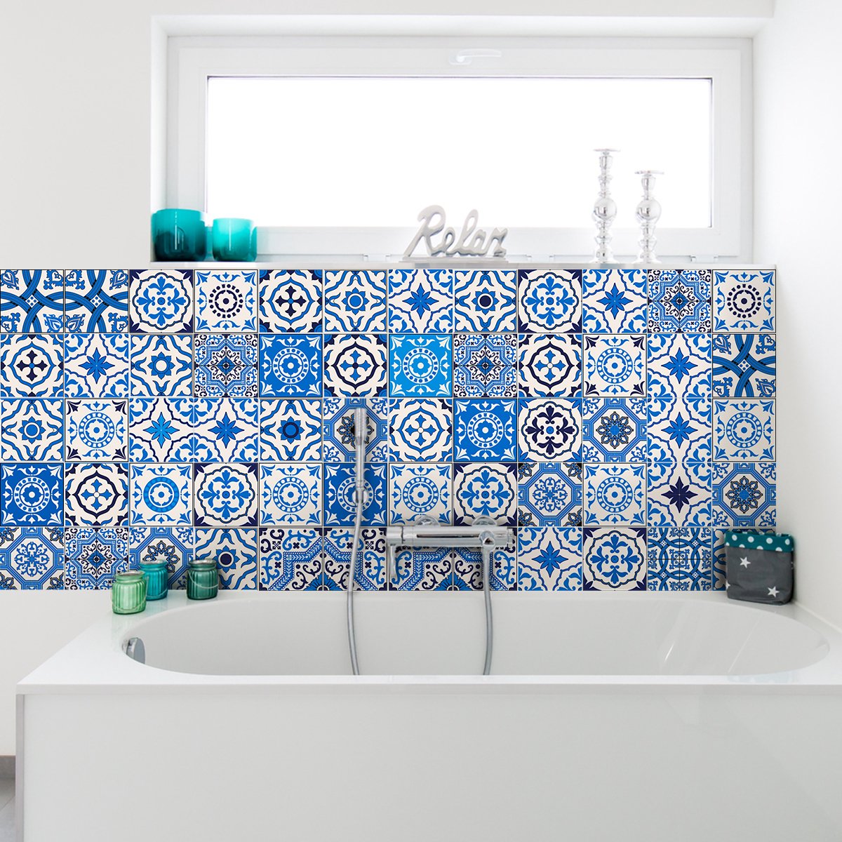 Ambiance Sticker Zelfklevende tegelmuurstickers voor keuken en badkamer - 24 cementtegelstickers, Azulejos Rosina - 24 stickers, 10x10cm Multi color