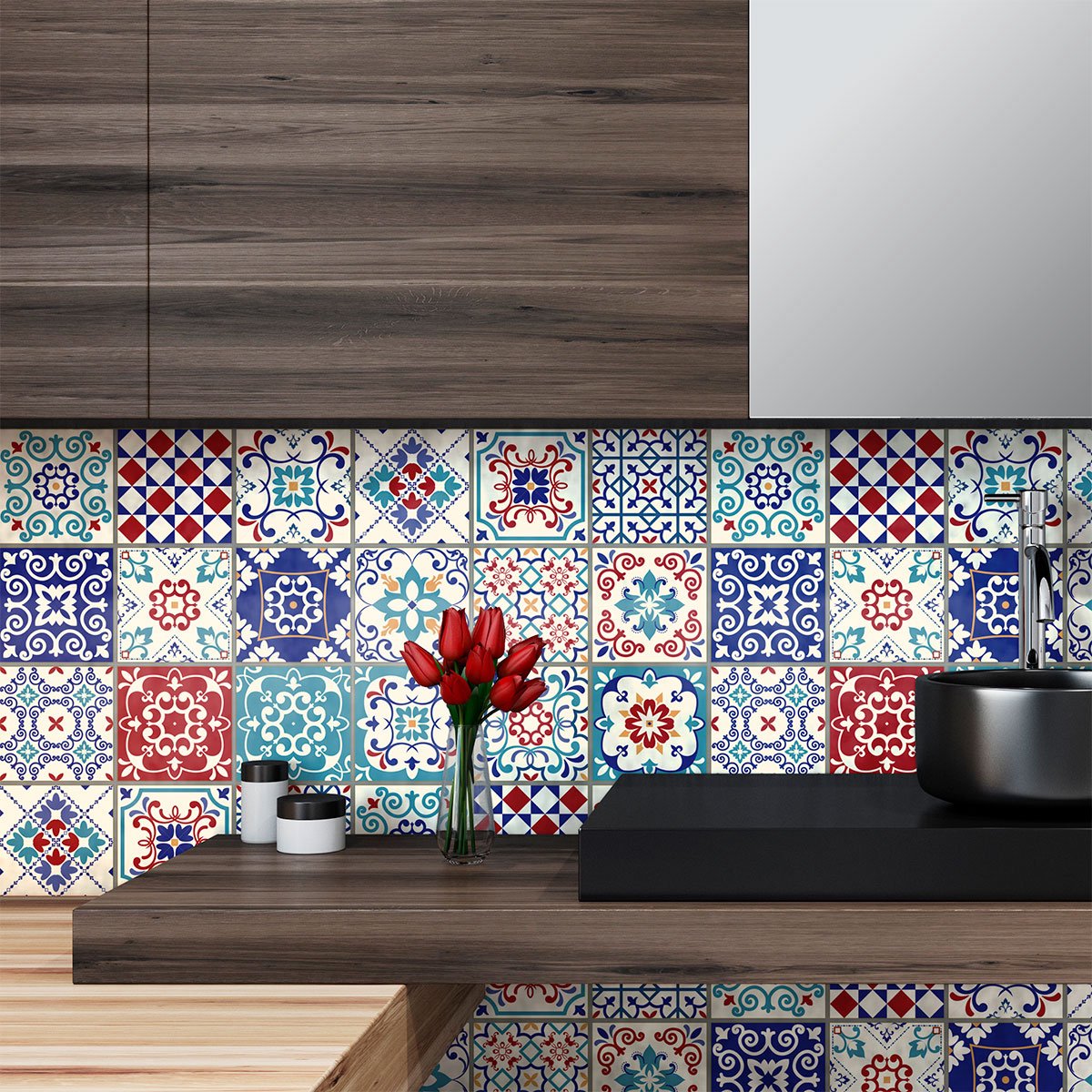 Ambiance Sticker Zelfklevende tegelmuurstickers voor keuken en badkamer - 24 cementtegelstickers, Azulejos Lucilio - 24 stickers, 10x10cm Multi color