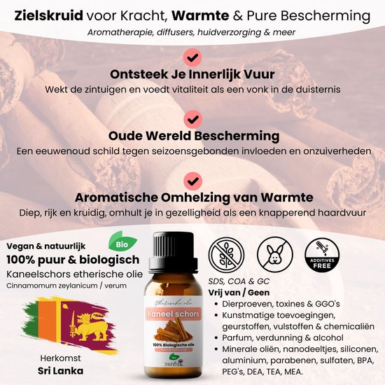 Kleine flesjes etherische olie met kaneelgeur, met informatie over vegan, biologisch, vrij van additieven, en afkomstig uit Sri Lanka.