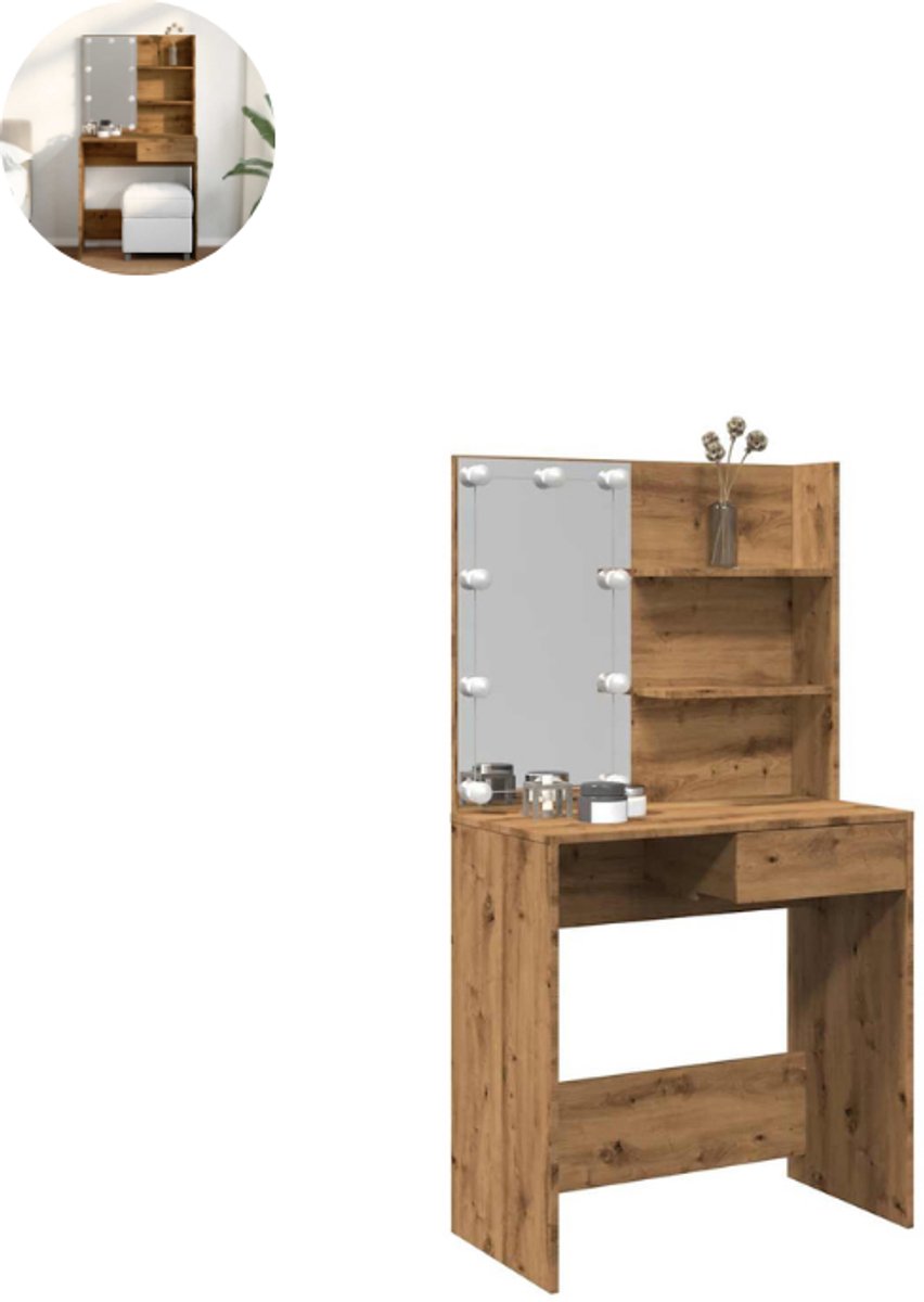 GranMaison Kaptafel met spiegel - Make up tafel - Make up - Toilettafel - Met lades - Artisanaal Eiken
