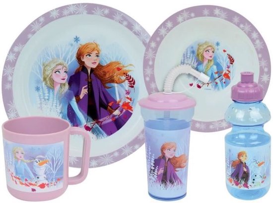 Disney Frozen Serviesset - FUN HOUSE - 006379 - Diep bord, plat bord, mok, fles en beker met rietje