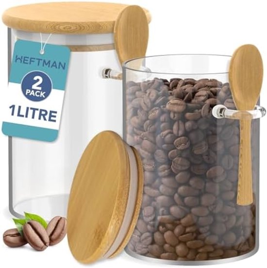 KEEMEN Set van 4 glazen potten met luchtdichte bamboe deksels en lepels, 450ml/15oz verzegelde suiker container glazen koffiepotten voedsel opslag bus voor keuken kruidenbonen Meer