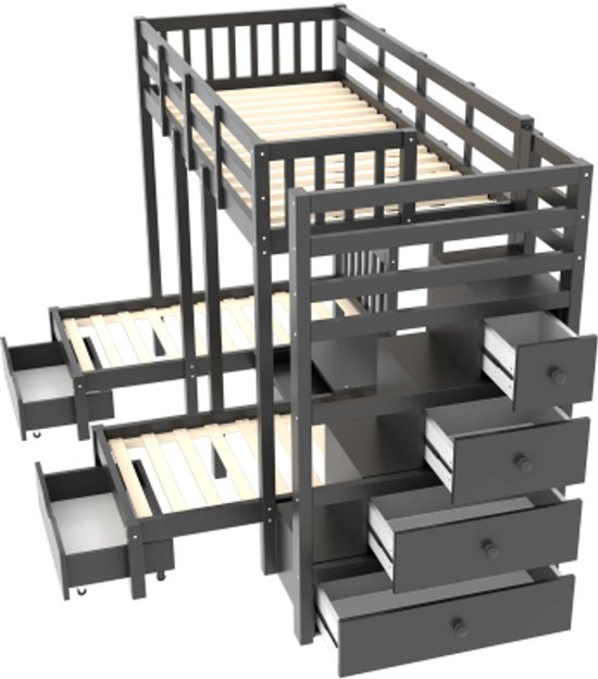 Stapelbed voor kinderen, bescherming, leuningen, dak, raam, plank, massief hout, 4-traps ladder