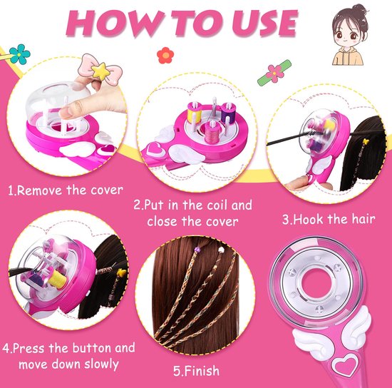 Kit Machine à Tresser Les Cheveux Automatique + Strass - Coffret Créatif Pour Filles, Avec 60 Diamants Et Accessoires - 7