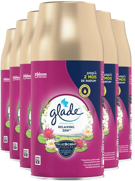 Zes Glade Relaxing Zen navullingen met gouden doppen op een rij.