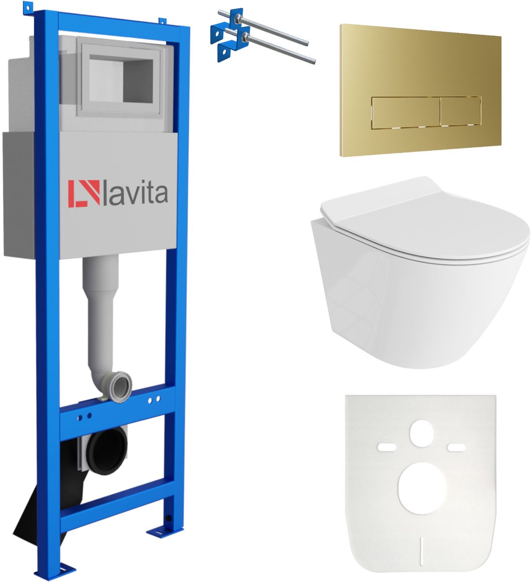 LAVITA® Inbouwreservoir Complete Toiletset LAV 101 - Inbouw WC Hangtoilet Wandcloset SOGO SLIM Wit Hoogglans - Bedieningsplaat 200.3.5 Gouden - Voorwandelement voor toilet 40cm - Installatiesysteem