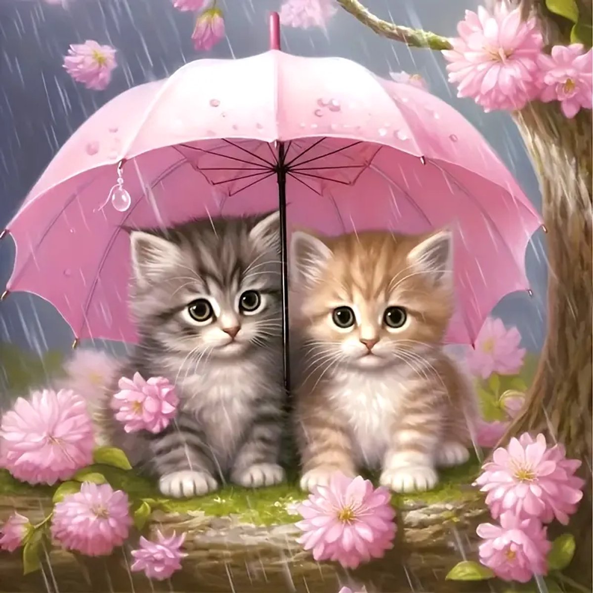 Diamond painting - Kittens onder Paraplu - 30 x 30cm