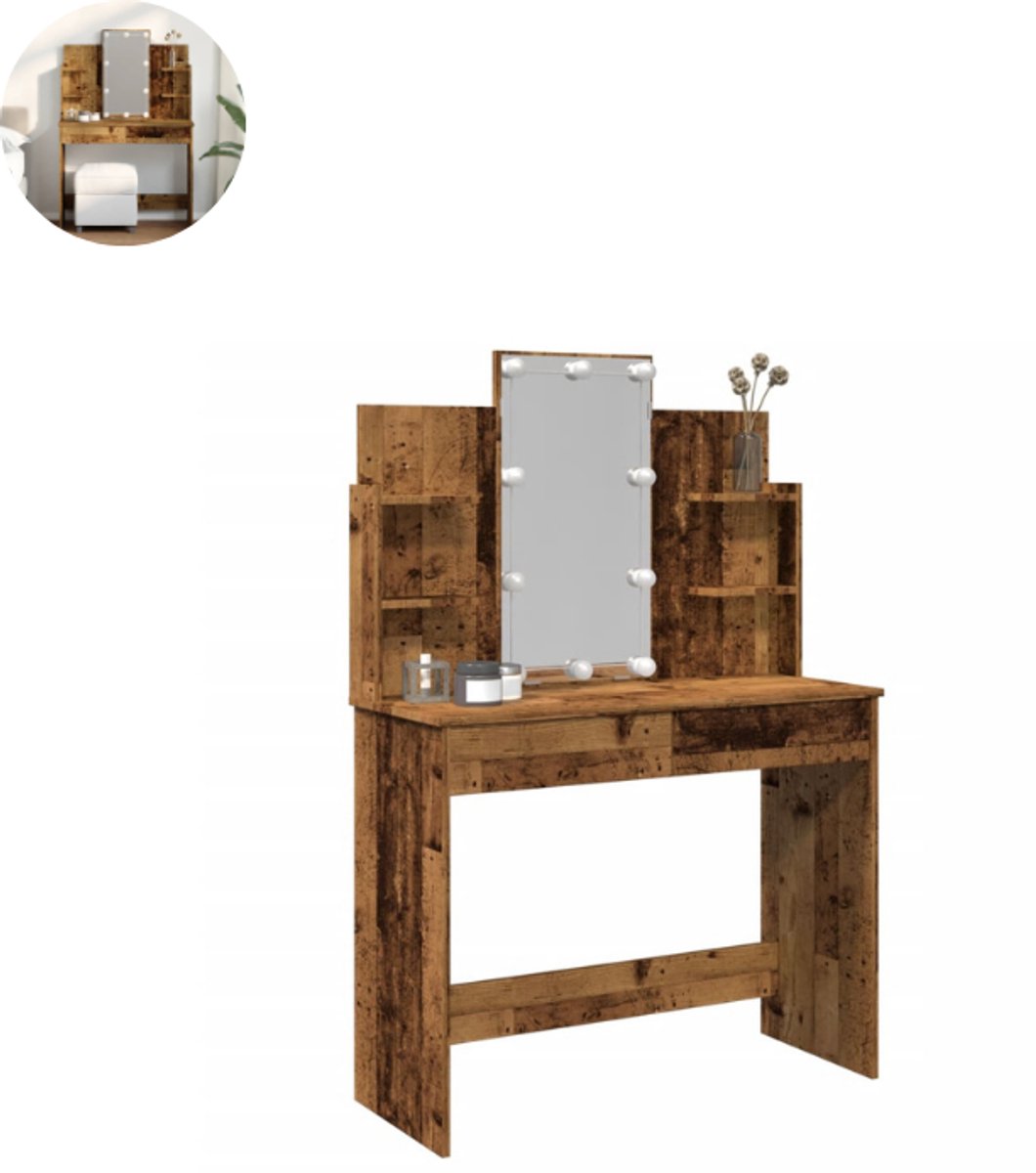 GranMaison Kaptafel met spiegel - Make up tafel - Make up - Toilettafel - Met lades - 96x40x142 cm - Oud Hout