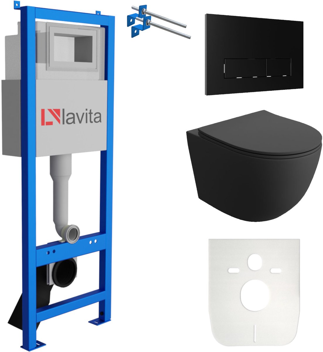 LAVITA® Inbouwreservoir Complete Toiletset LAV 101 - Inbouw WC Hangtoilet Wandcloset SINTO BLACK Zwart Mat - Bedieningsplaat 200.3.4 Zwart - Voorwandelement voor toilet 40cm - Installatiesysteem