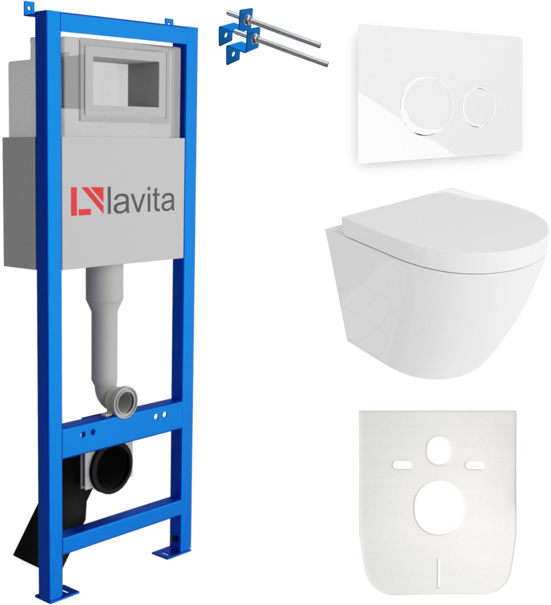 LAVITA® Inbouwreservoir Complete Toiletset LAV 101 - Inbouw WC Hangtoilet Wandcloset SOGO Wit Hoogglans - Bedieningsplaat 200.4.1 Wit - Voorwandelement voor toilet 40cm - Installatiesysteem
