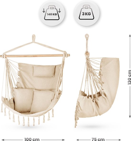 Outtec® Hangstoel met 3 Kussens - 100x130x75cm, tot 140 kg - Boho Fringed Fauteuil, Zitzak, Schommel - voor Buiten, Tuin, Balkon, Huis