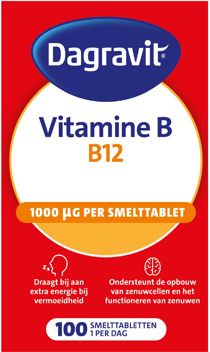 Goedkoopste Dagravit Vitamine B12 1000µg - Draagt bij aan extra energie bij vermoeidheid en ondersteunt het functioneren van de zenuwen - 100 smelttabletten