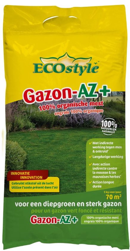 ECOstyle Gazon AZ+ - Organische Gazonmest – Voor Diepgroen en Sterk Gazon – Geeft tot 120 dagen Voeding – Werkt tegen Mos - 70 M² - 5 KG