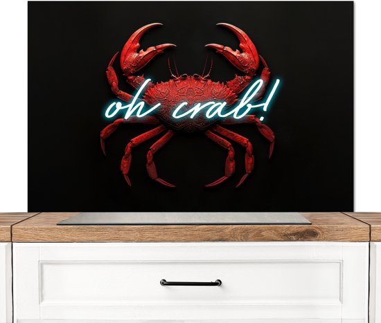 Crédence de Cuisinière en Aluminium 100x65 cm - Crabe - Rouge - Néon - Citation - Écran Pare-éclaboussures pour Plaque de Cuisson - Protection Murale