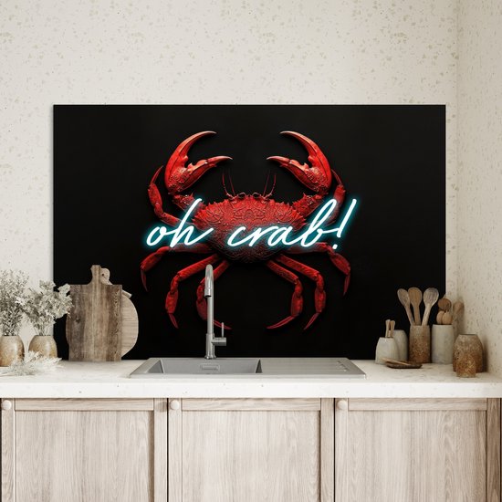 Crédence de Cuisinière en Aluminium 100x65 cm - Crabe - Rouge - Néon - Citation - Écran Pare-éclaboussures pour Plaque de Cuisson - Protection Murale