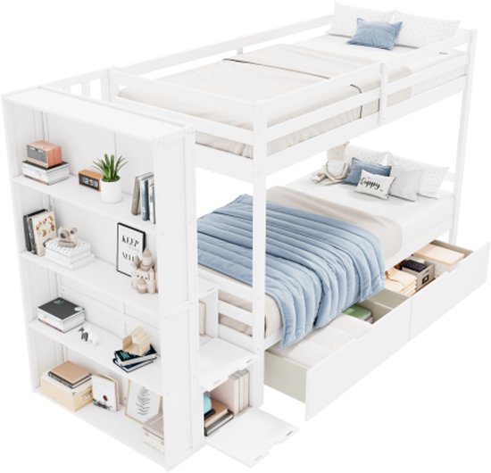 Opstapelbaar kinderbed 90x200 140x200 cm - Dubbelbed - met 2 lades - met bedkastladder - wit natuur (matras