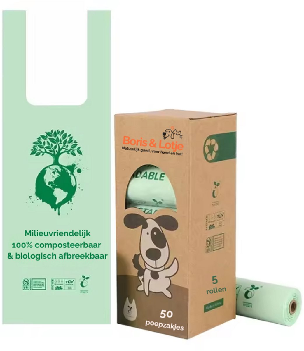 Boris & Lotje Hondenpoepzakjes - 50 stuks - 100% Biologisch Afbreekbaar - Poepzakjes Hond - 5 rollen