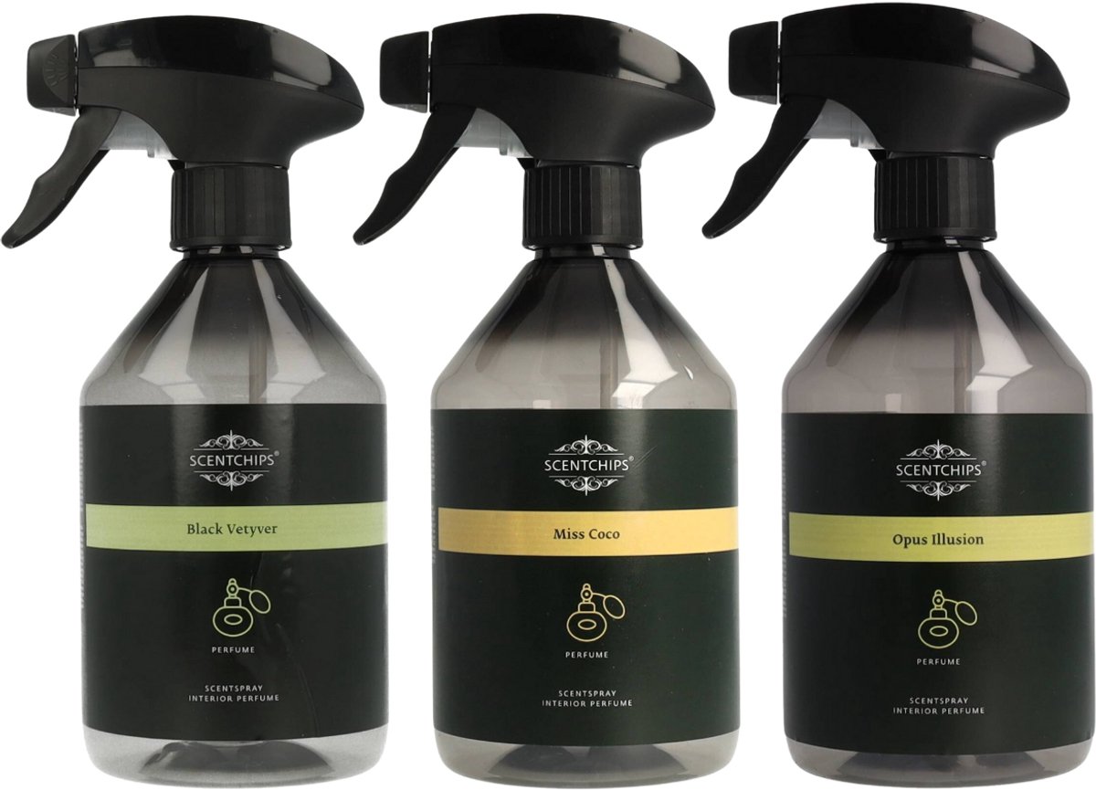 Scentchips Black Vetyver + Miss Coco + Opus Illusion Interieurspray Set - Roomspray – Huisparfum – Huisspray – Geurspray – Set van 3 - 500ML Zwart